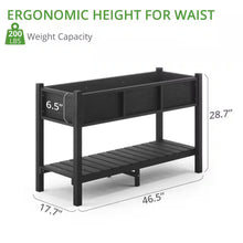 Load image into Gallery viewer, 46 In. L X 17 In. W X 28 In. H Black Plastic Wood Raised Garden Bed with Tools, Water Resistant Elevated Planter Box
