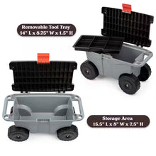 Load image into Gallery viewer, 1.59 Cu. Ft. Gray Plastic Rolling Garden Cart with Seat - Storage with Bench and Interior Tool Tray - Gardening Stool