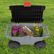 Load image into Gallery viewer, 1.59 Cu. Ft. Gray Plastic Rolling Garden Cart with Seat - Storage with Bench and Interior Tool Tray - Gardening Stool