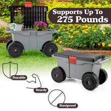 Load image into Gallery viewer, 1.59 Cu. Ft. Gray Plastic Rolling Garden Cart with Seat - Storage with Bench and Interior Tool Tray - Gardening Stool