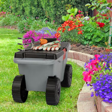 Load image into Gallery viewer, 1.59 Cu. Ft. Gray Plastic Rolling Garden Cart with Seat - Storage with Bench and Interior Tool Tray - Gardening Stool