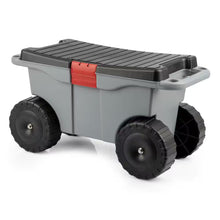 Load image into Gallery viewer, 1.59 Cu. Ft. Gray Plastic Rolling Garden Cart with Seat - Storage with Bench and Interior Tool Tray - Gardening Stool