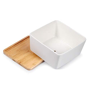 7 Inch Square White Ceramic Succulent Cactus Plants Planter Pot with Drainage Bamboo Tray （Large）