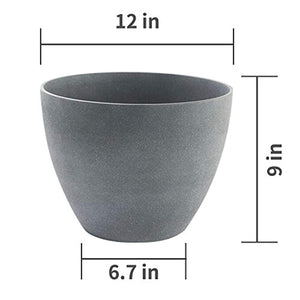 Flower Pot Garden Planters 12" - 2 Pack Outdoor Indoor, Unbreakable Resin Plant Containers with Drain Hole, Grey