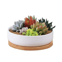 Load image into Gallery viewer, 6 Inch Modern White Ceramic Round Succulent Cactus Planter Pot with Drainage Bamboo Tray,Decorative Garden Flower Holder Bowl