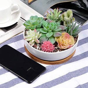 6 Inch Modern White Ceramic Round Succulent Cactus Planter Pot with Drainage Bamboo Tray,Decorative Garden Flower Holder Bowl