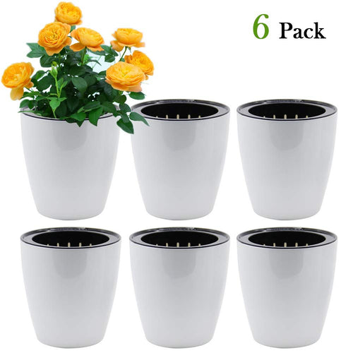 SAND MINE Self Watering Planter White Flower Pot (6, S)