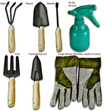 Load image into Gallery viewer, Scuddles Garden Tools Set - 8 Piece Heavy Duty Gardening tools With Storage Organizer, Ergonomic Hand Digging Weeder, Rake, Shovel, Trowel, Sprayer, Gloves Gift for Men &amp; Women