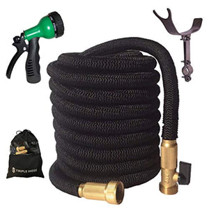 Expandable Garden Hose | Strongest Expanding Triple Layer Core | Durable Nylon | Solid Brass Fittings/Shut Off Water Valve | 8 Way Nozzle | Stainless Steel Holder | Gift/Storage Bag (50, Black)