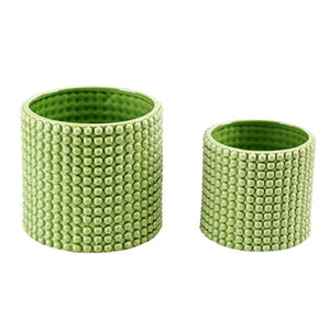 Set of 2 Pistachio Green Ceramic Hobnail Textured Planters, Vintage-Style Flower Pots