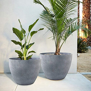 Flower Pot Garden Planters 12" - 2 Pack Outdoor Indoor, Unbreakable Resin Plant Containers with Drain Hole, Grey