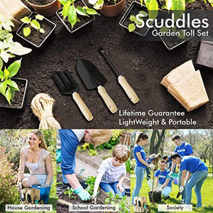 Scuddles Garden Tools Set - 8 Piece Heavy Duty Gardening tools With Storage Organizer, Ergonomic Hand Digging Weeder, Rake, Shovel, Trowel, Sprayer, Gloves Gift for Men & Women