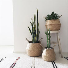 Load image into Gallery viewer, 10pcs pure Handmade Bamboo Storage Baskets Foldable Laundry Straw Patchwork Wicker Rattan Seagrass Belly Garden Flower Pot Planter Basket